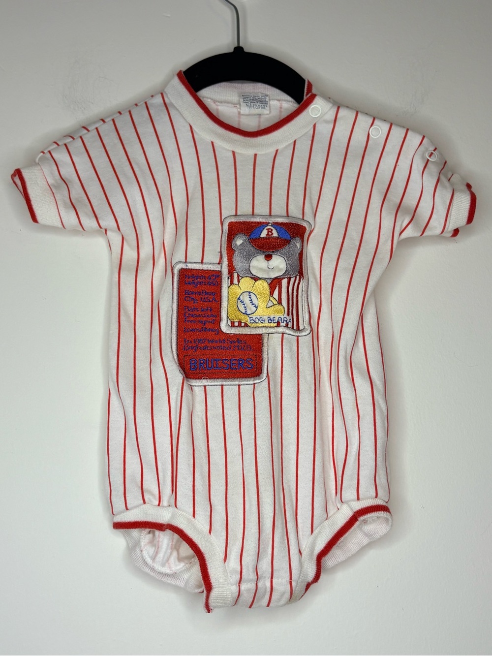 Vintage 1980’s Carter's Baseball One-Piece Red Pinstripes and Bear Patch 24M